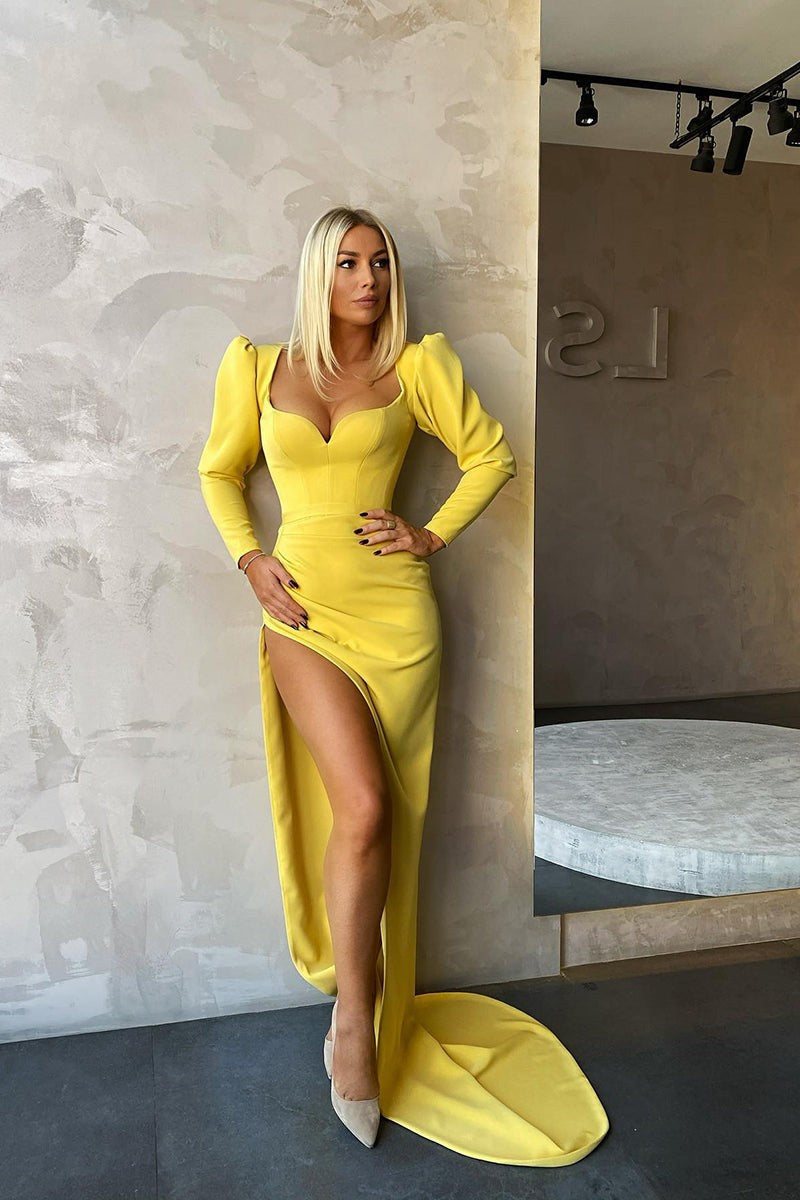 New Arrival Lemon Yellow Mermaid Prom Dress with Split Long Sleeves-Occasion Dress-BallBride