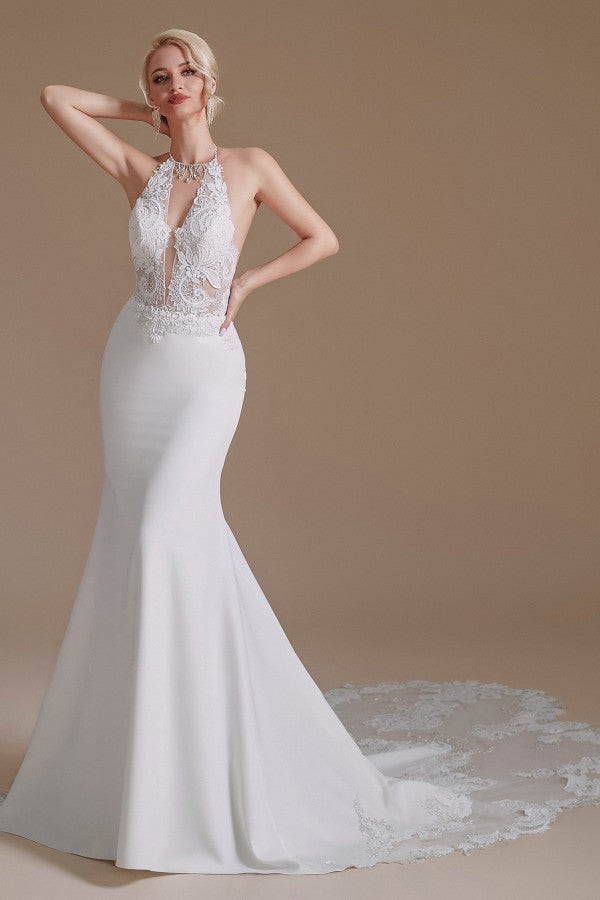 New Arrival Long Mermaid Backless Halter Wedding Dress with Lace Appliques-Wedding Dresses-BallBride