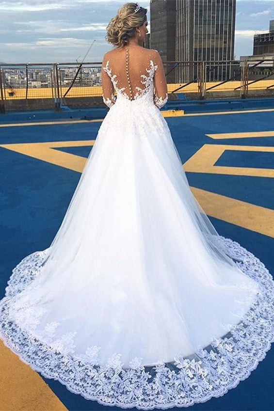 New Arrival Long Sleeves A Line Lace Wedding Dress With V-Neck-Wedding Dresses-BallBride