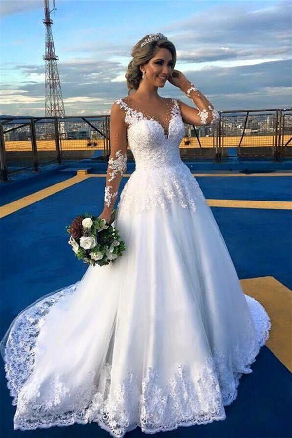 New Arrival Long Sleeves A Line Lace Wedding Dress With V-Neck-Wedding Dresses-BallBride