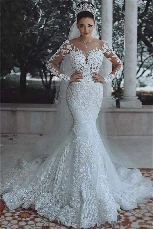 New Arrival Long Sleeves Mermaid Wedding Dress with Lace Appliques-Wedding Dresses-BallBride
