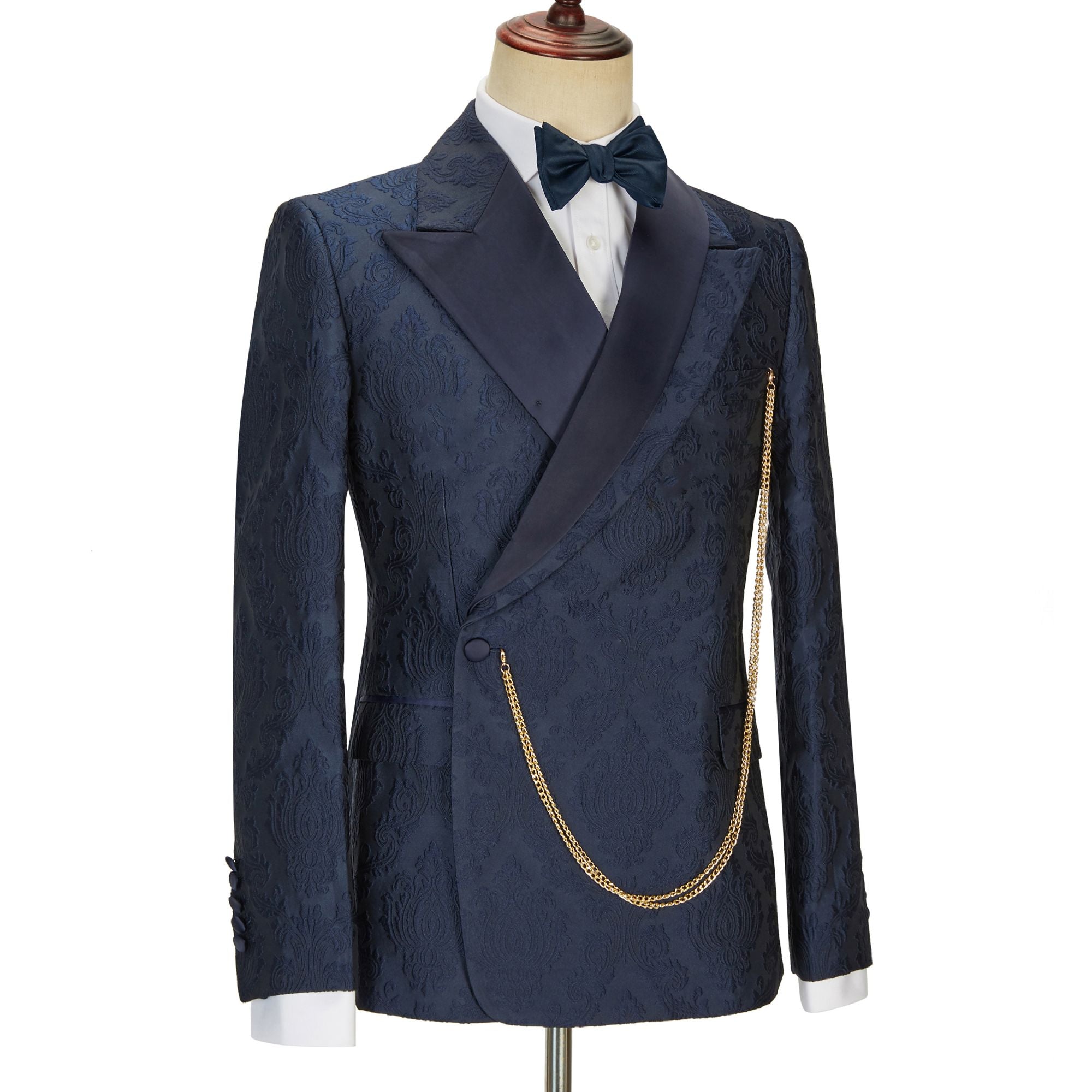 New Arrival Navy Blue Slim Fit Jacquard Peaked Lapel Wedding Suit for Men by Brandon-Wedding Suits-BallBride