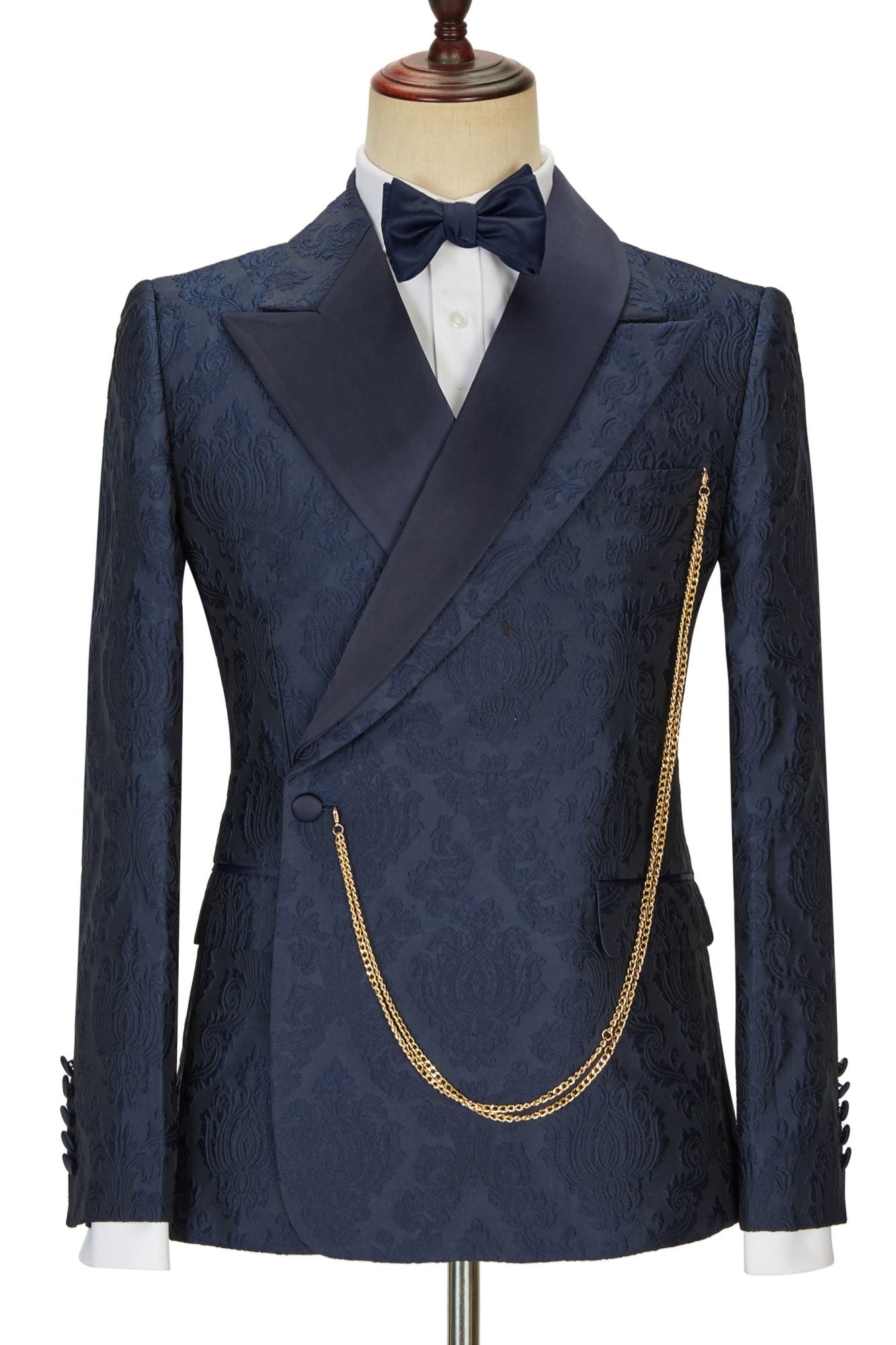 New Arrival Navy Blue Slim Fit Jacquard Peaked Lapel Wedding Suit for Men by Brandon-Wedding Suits-BallBride