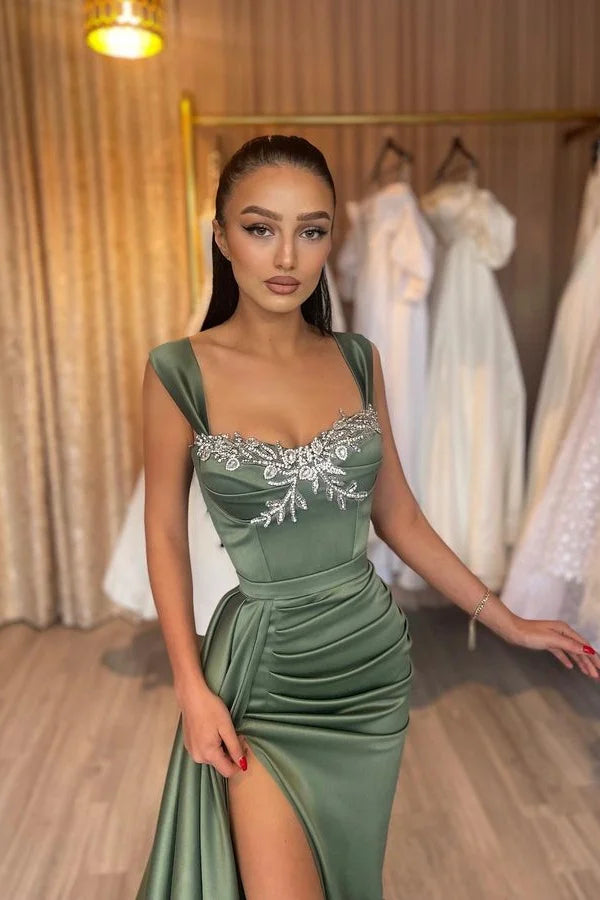 New Arrival Olive Green Straps Mermaid Evening Dress Pleats Ruffles With High Slit-BallBride