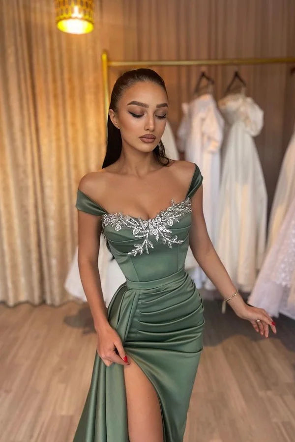 New Arrival Olive Green Straps Mermaid Evening Dress Pleats Ruffles With High Slit-BallBride