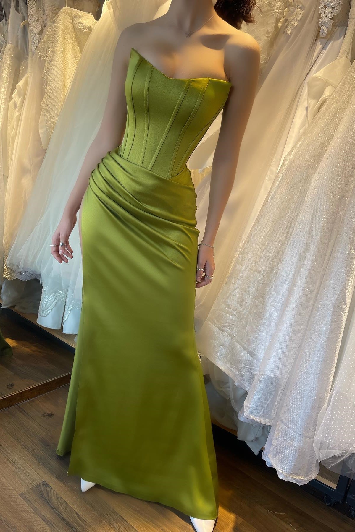 New Arrival Olive Green V-Neck Mermaid Prom Dress With Split and Pleats-Occasion Dress-BallBride