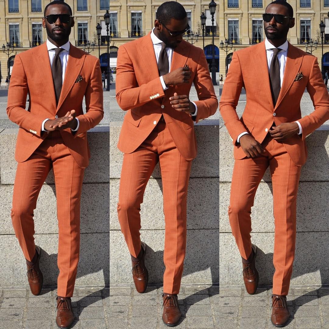 New Arrival Peaked Lapel Casual Orange Wedding Suits for Groom and Groomsmen-Prom Suits-BallBride