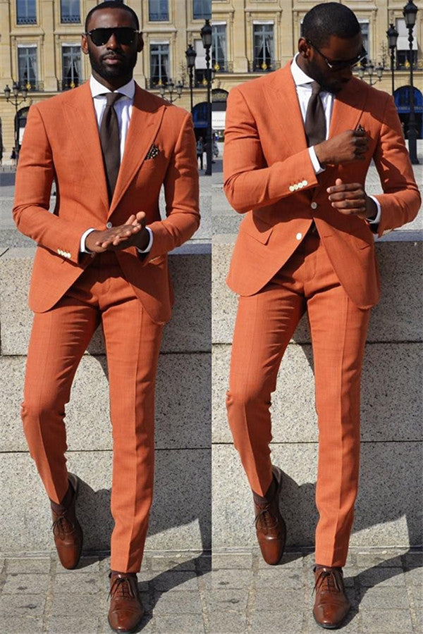 New Arrival Peaked Lapel Casual Orange Wedding Suits for Groom and Groomsmen-Prom Suits-BallBride