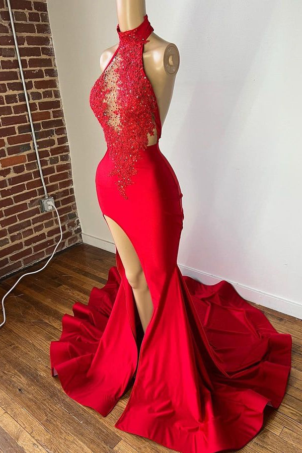 New Arrival Red High Neck Prom Dress Mermaid Slit Long With Appliques-Occasion Dress-BallBride