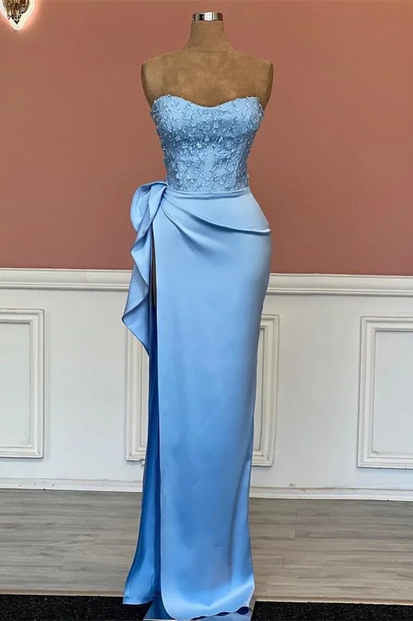 New Arrival Sky Blue Strapless Evening Dress Long Split With Beads-BallBride