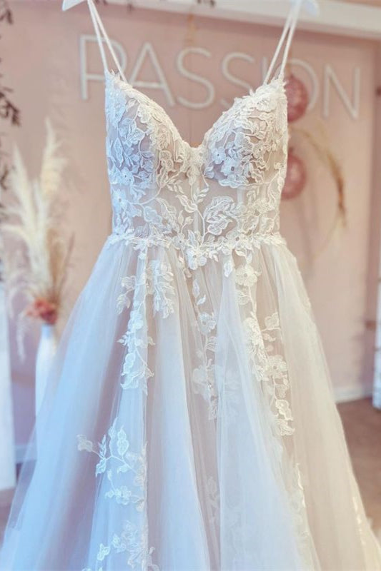 New Arrival Spaghetti-Straps V-Neck Tulle Lace Wedding Dress with Lace Appliques-Wedding Dresses-BallBride