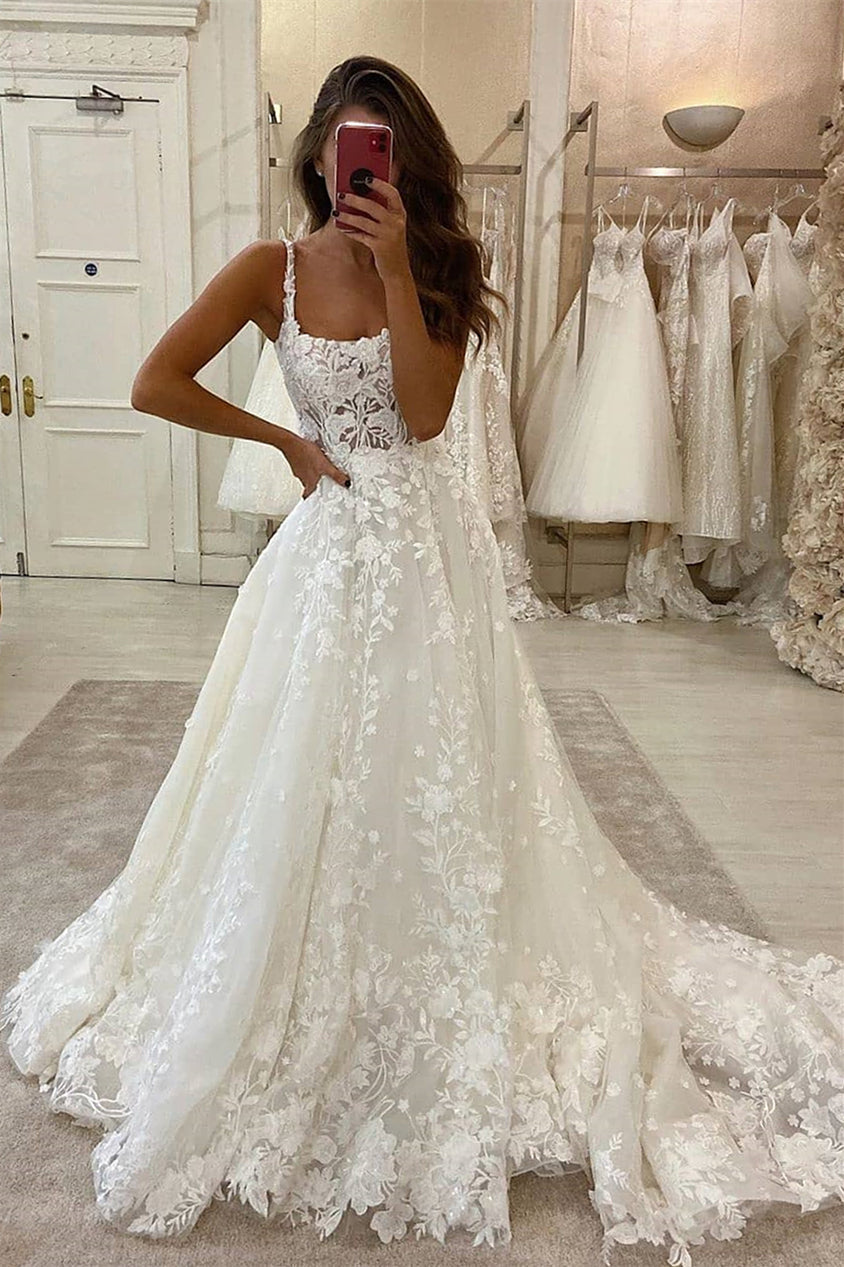 New Arrival Straps Sleeveless Wedding Dress with Lace Appliques Long-Wedding Dresses-BallBride