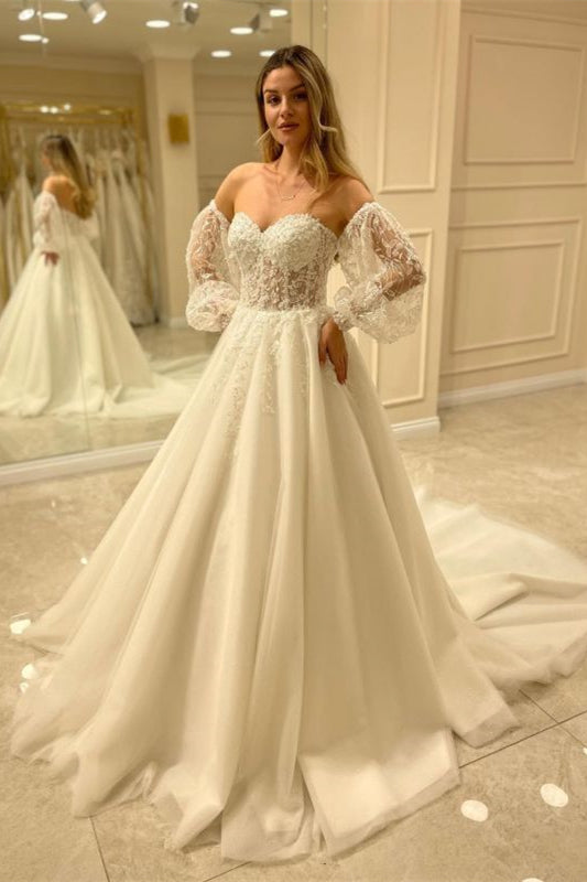 New Arrival Sweetheart Tulle Lace Wedding Dress with Bubble Sleeves-Wedding Dresses-BallBride