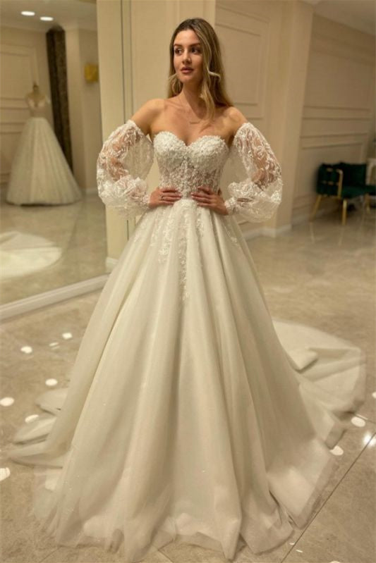 New Arrival Sweetheart Tulle Lace Wedding Dress with Bubble Sleeves-Wedding Dresses-BallBride