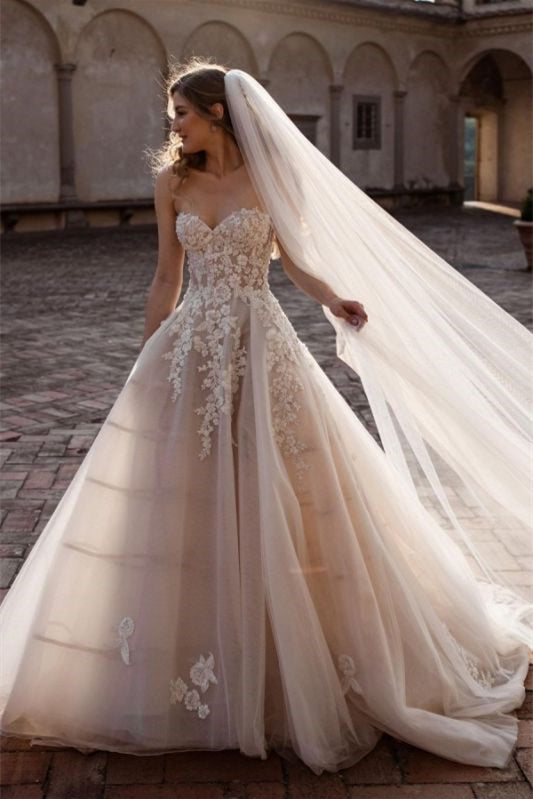 New Arrival Sweetheart Tulle Wedding Dress with Lace Appliques Princess Bridal Gown-Wedding Dresses-BallBride