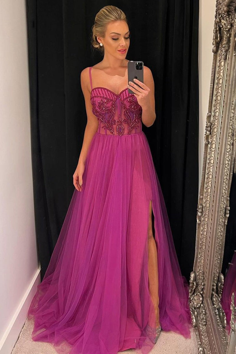 New Hot Pink Tulle Prom Dress with Spaghetti-Straps and Beads-Occasion Dress-BallBride