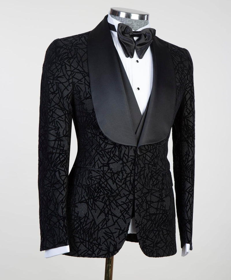 Newest Black Three Pieces Shawl Lapel Jacquard Men Suits by Darren-Wedding Suits-BallBride