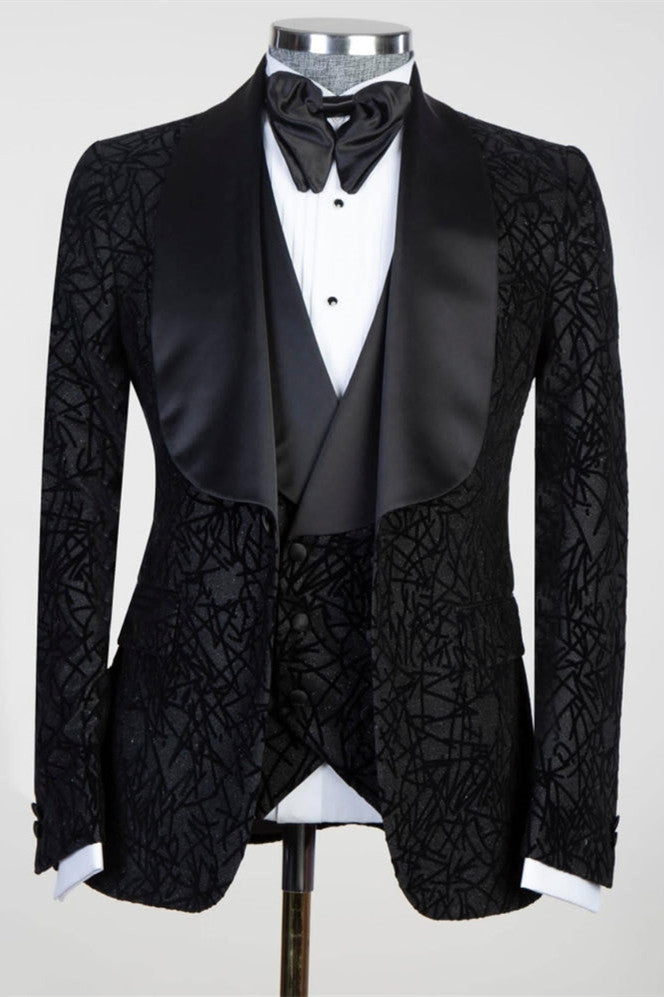 Newest Black Three Pieces Shawl Lapel Jacquard Men Suits by Darren-Wedding Suits-BallBride