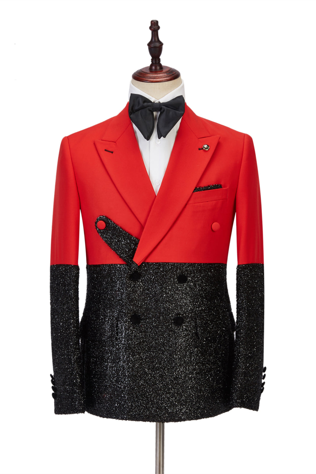 Newest Peak Lapel Sparkle Black Tuxedo with Bright Red Stitching-Wedding Suits-BallBride