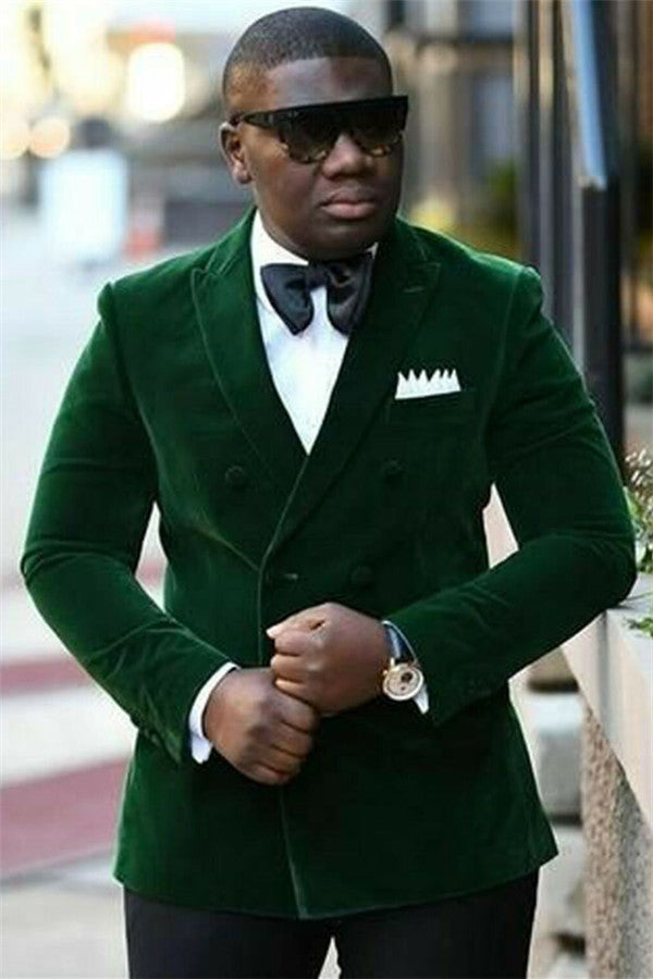 Newest Peaked Lapel Dark Green Marriage Blazer Suit With Velvet Double Breasted-Prom Suits-BallBride