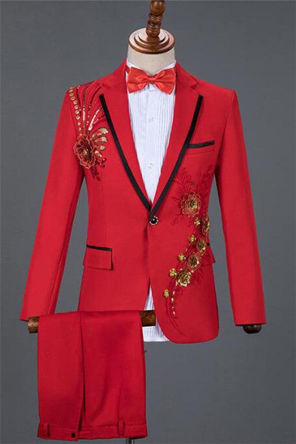 Newest Red Sequin Embroidery Lace Floral Best Wedding Suit For Men-Prom Suits-BallBride