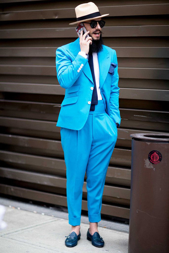 Ocean Blue Designer Wedding Suits for Men with Peaked Lapel-Prom Suits-BallBride