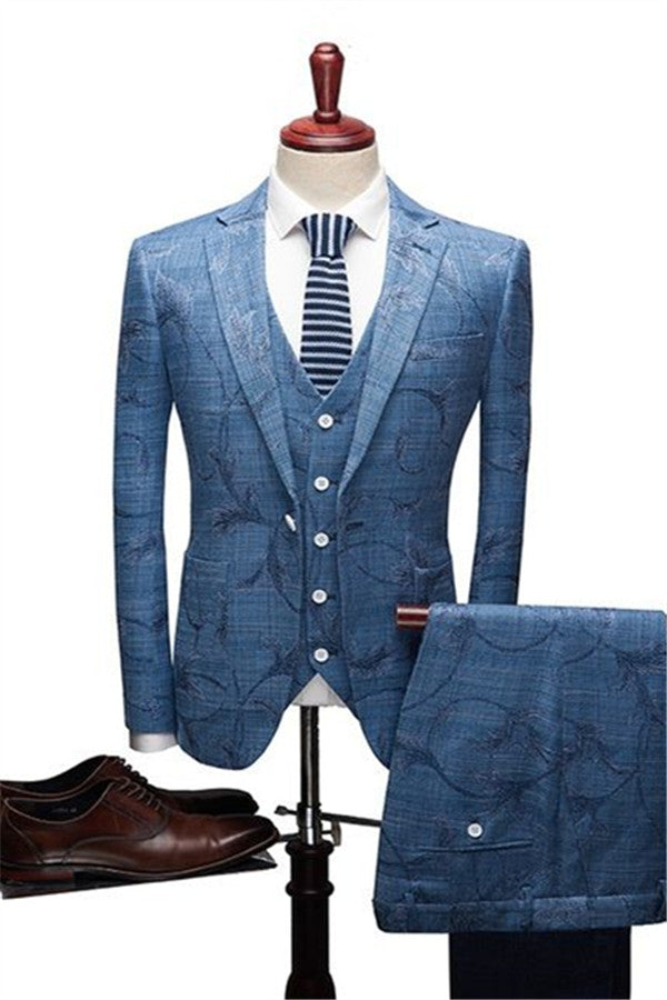 Ocean Blue Notched Lapel Print Designer Wedding Suits For Men-Prom Suits-BallBride