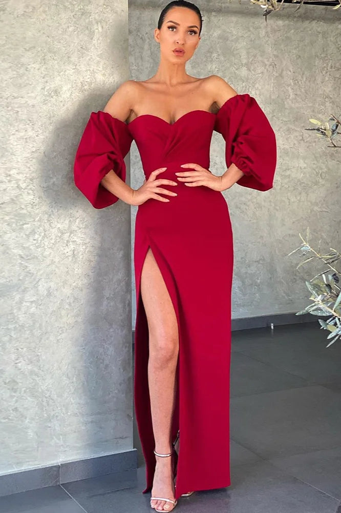 Off-the-Shoulder Bubble Sleeves Mermaid Prom Dress Long Evening Gowns With Slit-BallBride