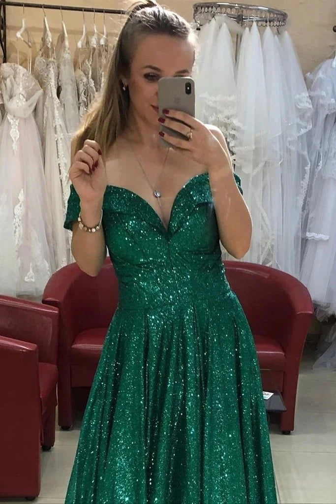 Off-the-Shoulder Green Sequins Evening Dress-BallBride