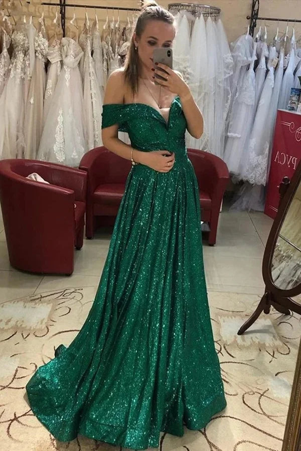 Off-the-Shoulder Green Sequins Evening Dress-BallBride