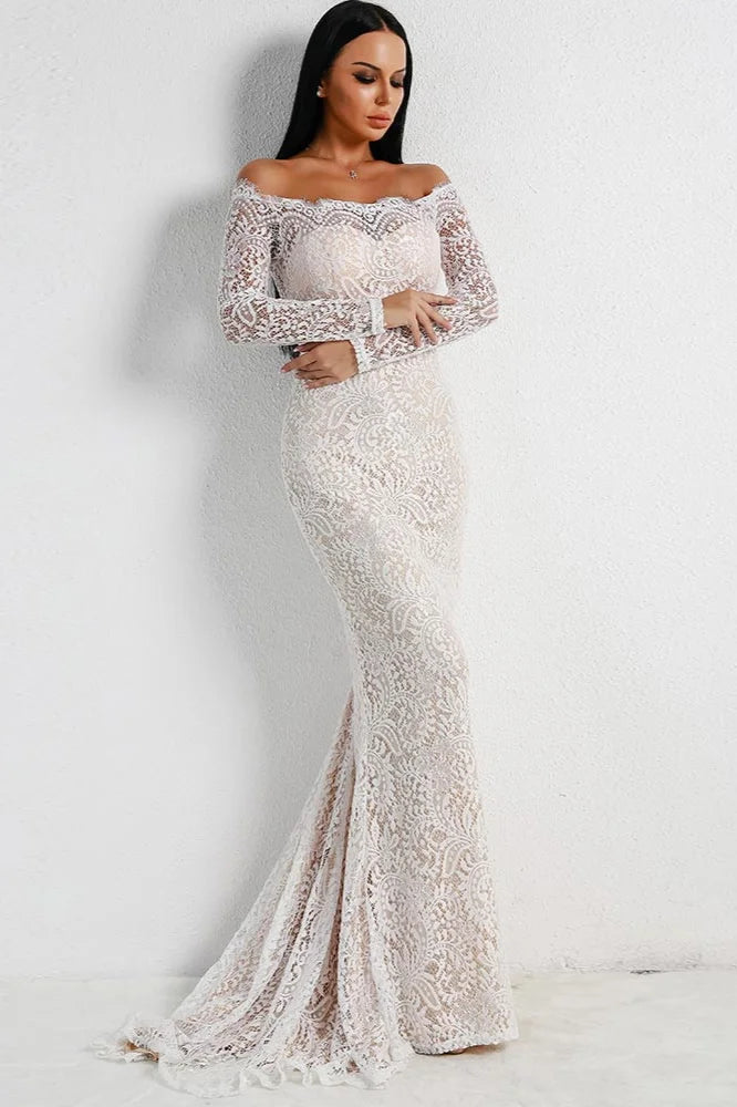 Off-the-Shoulder Long Sleeve Mermaid Evening Gowns Lace Long Prom Dress Online-BallBride