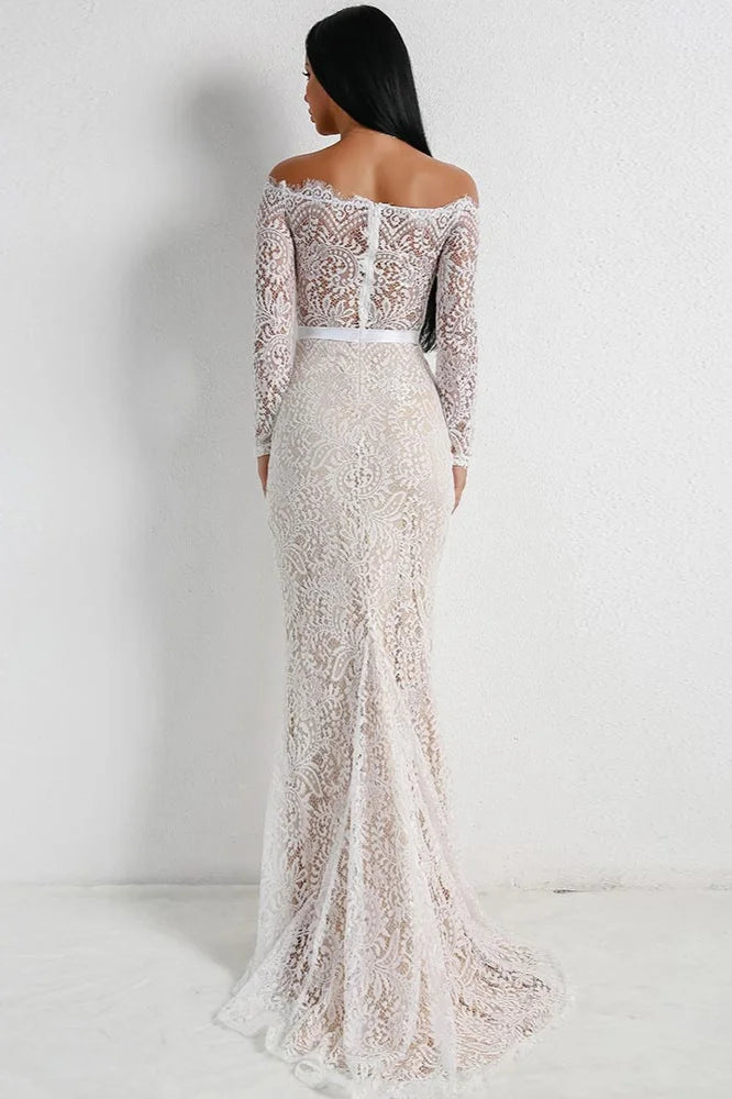 Off-the-Shoulder Long Sleeve Mermaid Evening Gowns Lace Long Prom Dress Online-BallBride