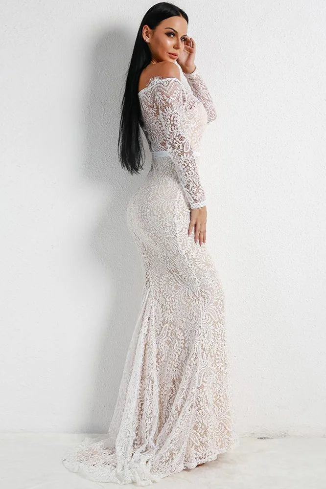 Off-the-Shoulder Long Sleeve Mermaid Evening Gowns Lace Long Prom Dress Online-BallBride