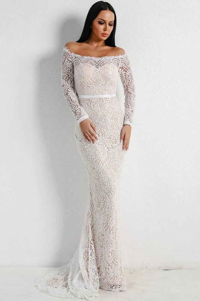 Off-the-Shoulder Long Sleeve Mermaid Evening Gowns Lace Long Prom Dress Online-BallBride