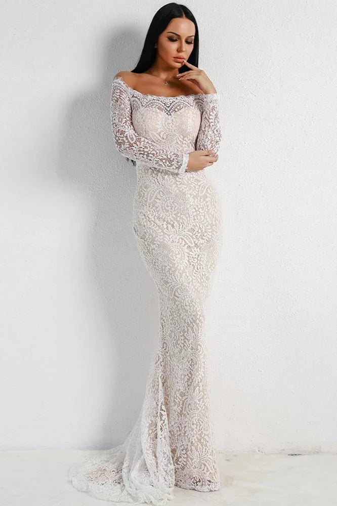 Off-the-Shoulder Long Sleeve Mermaid Evening Gowns Lace Long Prom Dress Online-BallBride