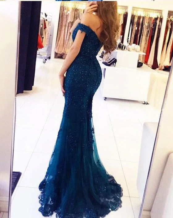 Off-the-Shoulder Mermaid Lace Appliques Long Evening Gowns-BallBride