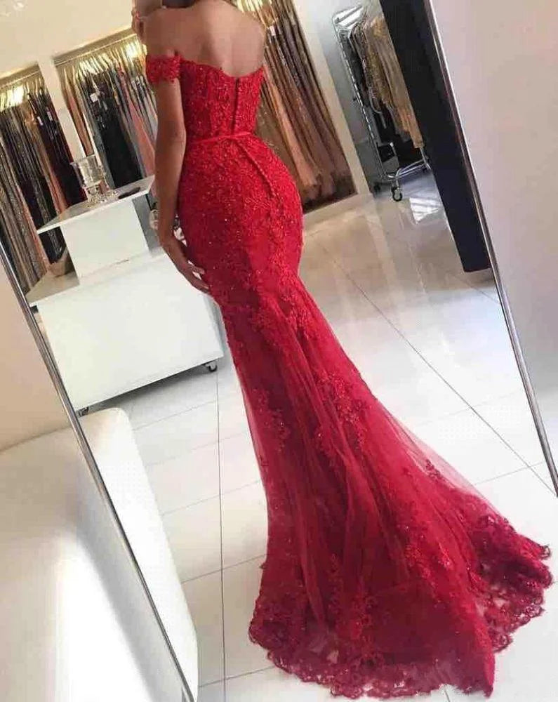 Off-the-Shoulder Mermaid Lace Appliques Long Evening Gowns-BallBride