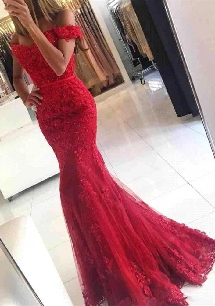 Off-the-Shoulder Mermaid Lace Appliques Long Evening Gowns-BallBride