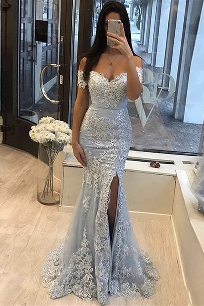 Off-the-Shoulder Mermaid Prom Dress with Lace Appliques & Split-Occasion Dress-BallBride