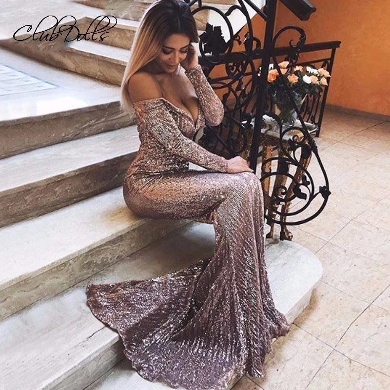 Off-the-Shoulder Sequins Prom Dress Mermaid Long Evening Gowns-BallBride