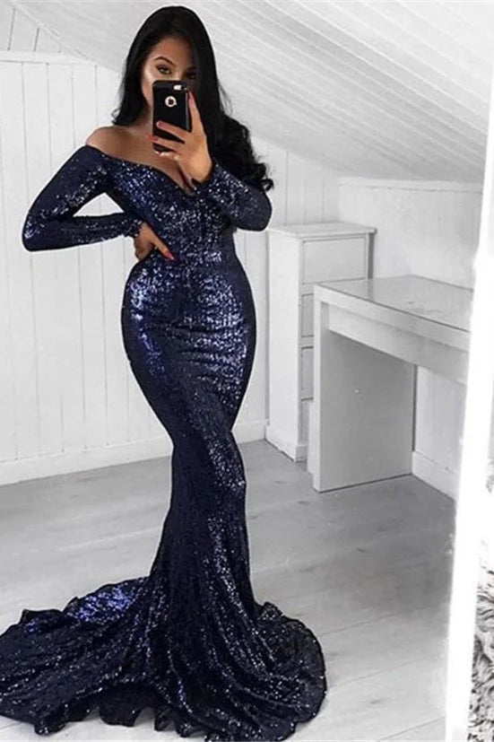 Off-the-Shoulder Sequins Prom Dress Mermaid Long Evening Gowns-BallBride