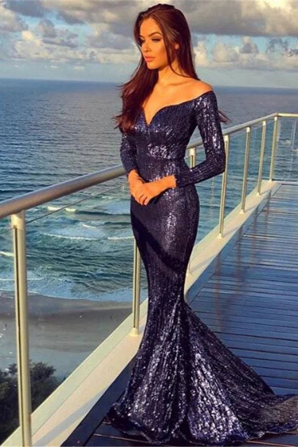 Off-the-Shoulder Sequins Prom Dress Mermaid Long Evening Gowns-BallBride