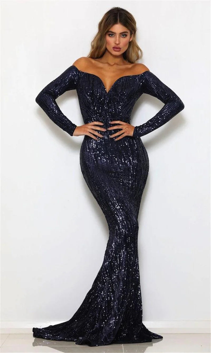 Off-the-Shoulder Sequins Prom Dress Mermaid Long Evening Gowns-BallBride