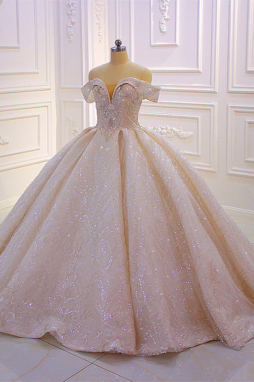 Off-the-Shoulder Wedding Dress with Ruffles, Sequins & Beading-Wedding Dresses-BallBride