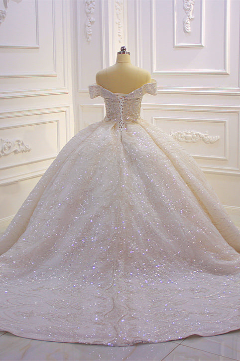 Off-the-Shoulder Wedding Dress with Ruffles, Sequins & Beading-Wedding Dresses-BallBride