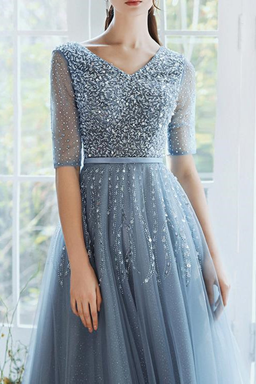 On Sale: Dusty Blue Lace-Up Evening Dress with Sequins - Hale Sleeves Long-Evening Dresses-BallBride
