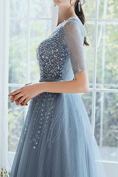 On Sale: Dusty Blue Lace-Up Evening Dress with Sequins - Hale Sleeves Long-Evening Dresses-BallBride