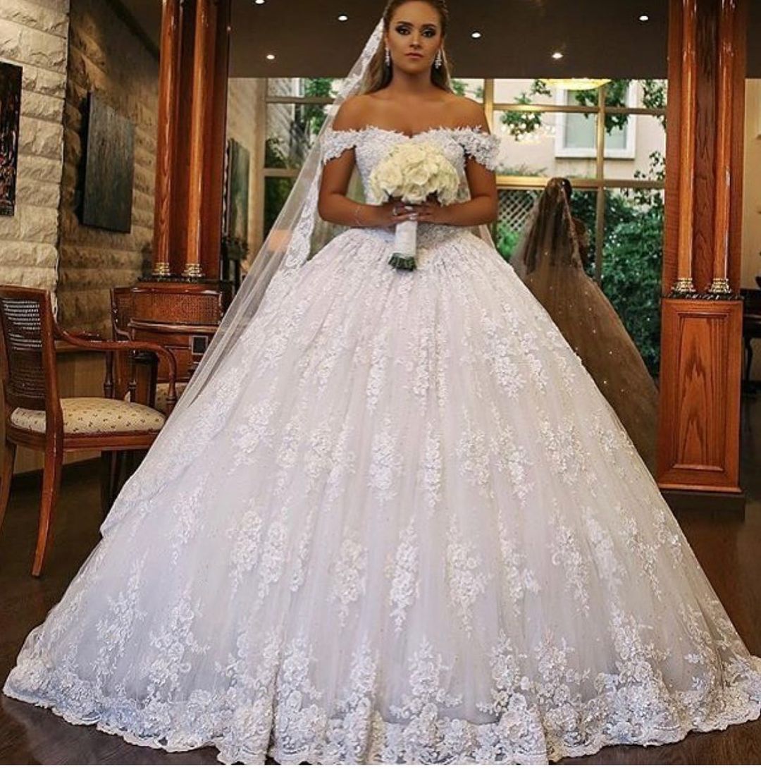 On Sale: Off-the-shoulder Ball Gown Lace Wedding Dress Long-Wedding Dresses-BallBride