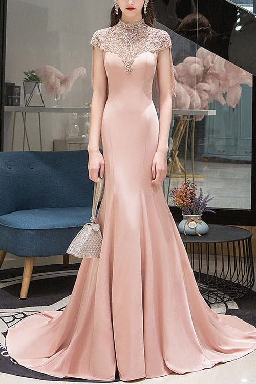 On Sale: Pink Mermaid Evening Dress with Beadings and Tassels-Evening Dresses-BallBride