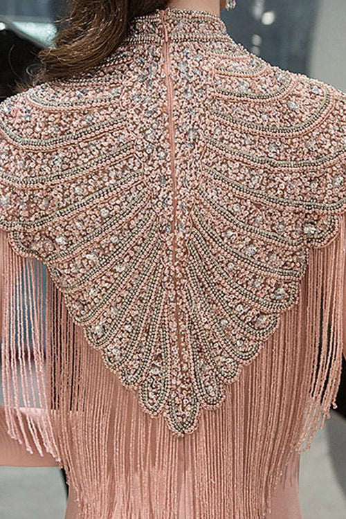 On Sale: Pink Mermaid Evening Dress with Beadings and Tassels-Evening Dresses-BallBride